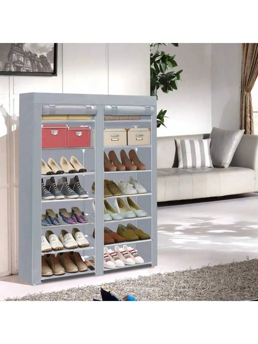

Shoe Rack Storage Organize, 28 Pairs Portable Double Row with Nonwoven Fabric Cover Shoe Shelf Cabinet for Closet