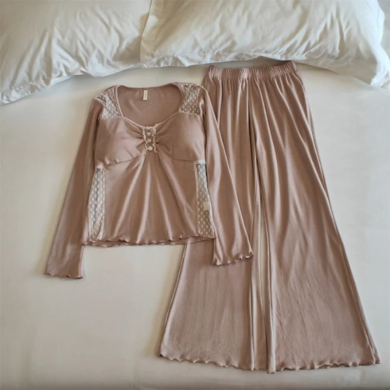 

Chest Cup Home Suit For Women Sleeping Clothes Autumn 2 Piece Set Long Sleeve Sleepwear Women's Pajamas Pyjama Femmes