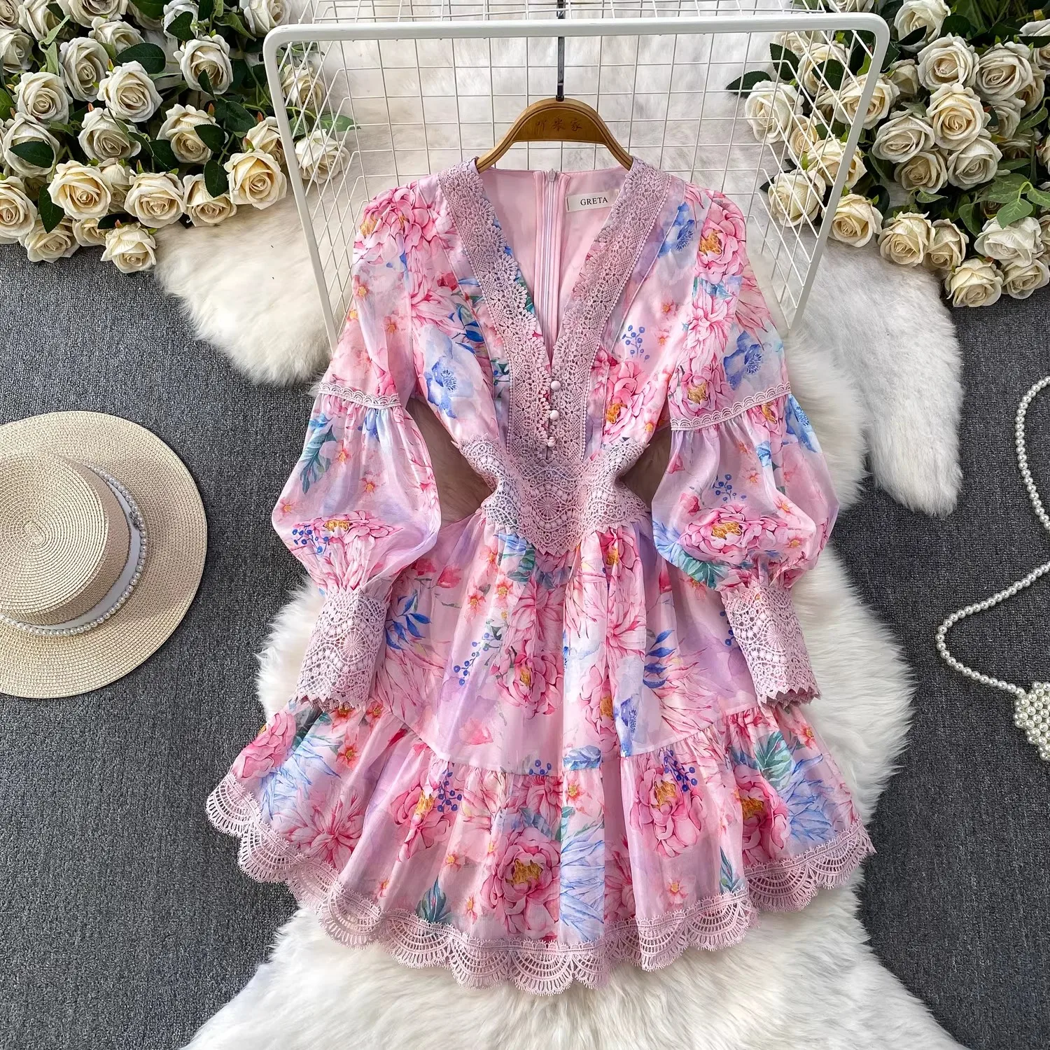 

Elegant Lace Patchwork Floral Printing Dresses For Women's V-Neck Long Lantern Sleeve High Waist Spliced Single Breasted Short D