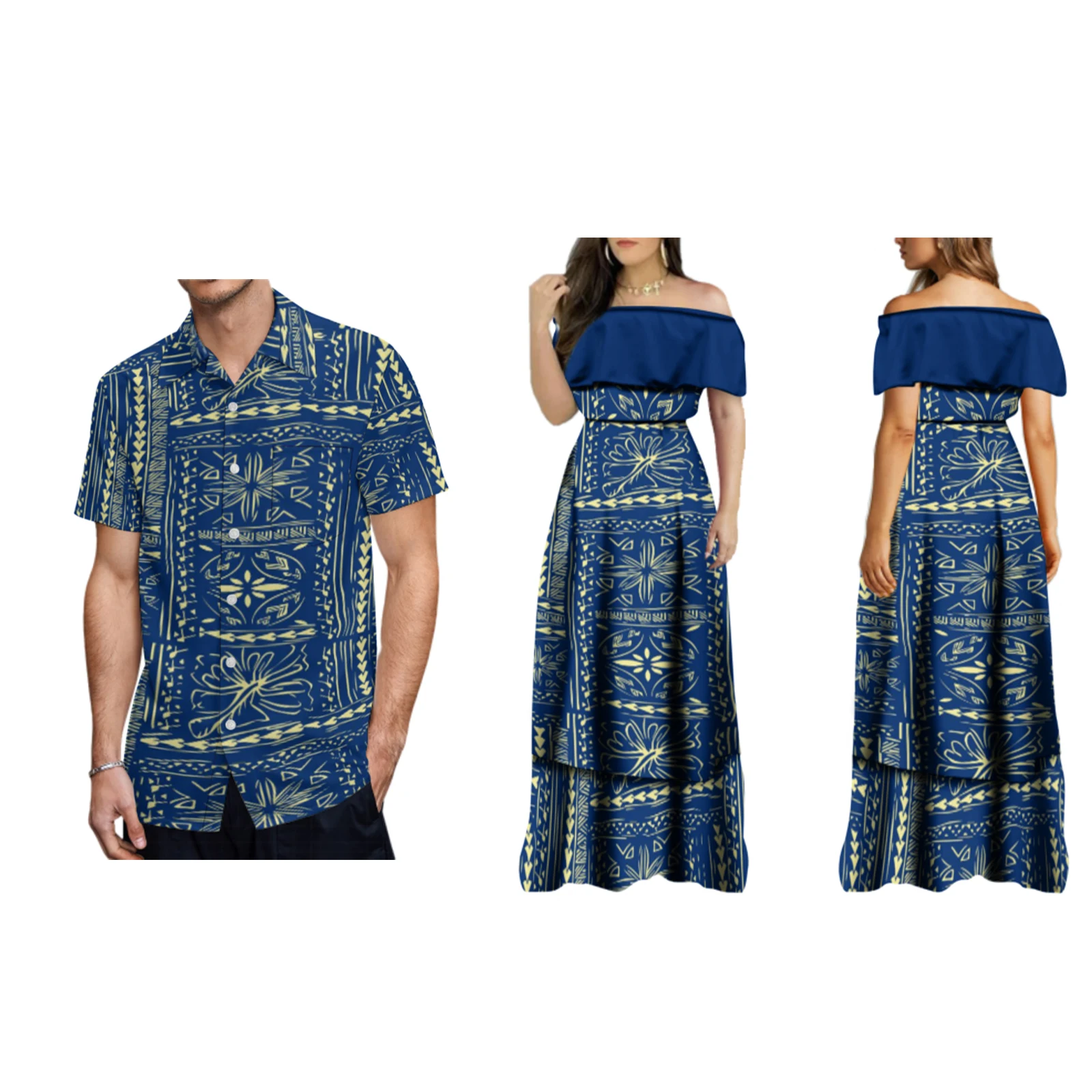 2024 New Arrival Custom Elegant Frill Off Shoulder Dress Gowns Polynesian Samoan Tribal Printed Long Maxi Evening Dresses Women