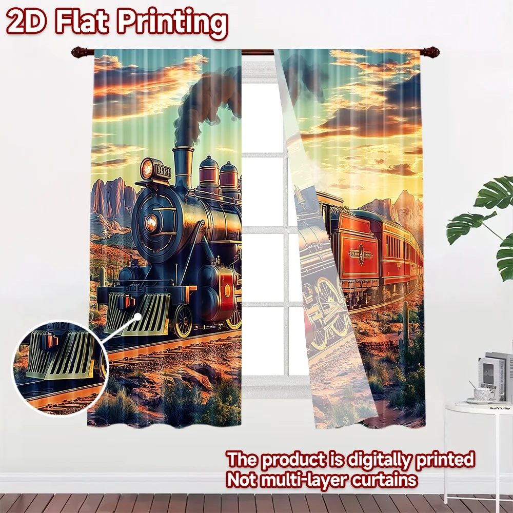 2D flat 2pcs Curtain Retro Country Style Desert Steam Train Digitally printed polyester, colorfast Party Decorations Use for