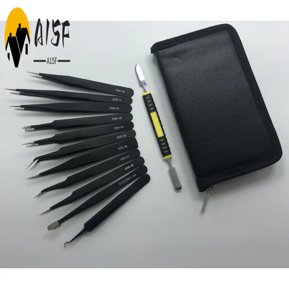 

A15F-Tweezers 12 Pieces ESD Tweezers Tools Kit Anti-Static Non-Magnetic Stainless Steel Multi-Standard With Storage Bag