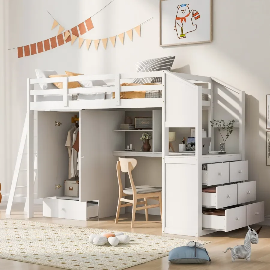 

Loft Bed,Twin Size bed with 1 Wardrobe & 7 Drawers,attached Desk with Shelves,Versatile Twin Loft bed,Kids bed,Sturdy &Durable