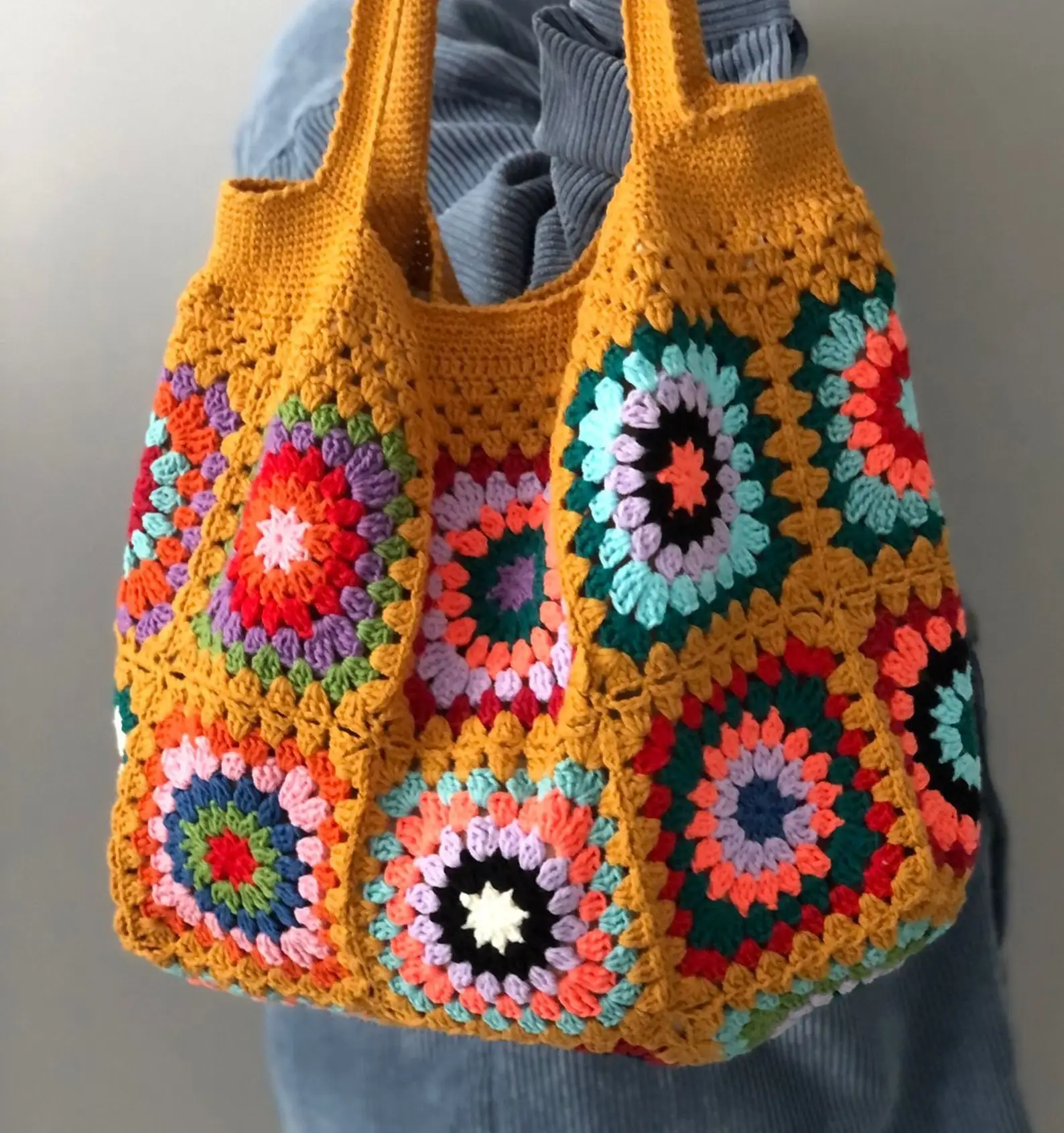 Black Granny Square Bag Women Colorful Cute Purse Checkered Crochet Shoulder Bags With Boho Style Yellow Black Handbags