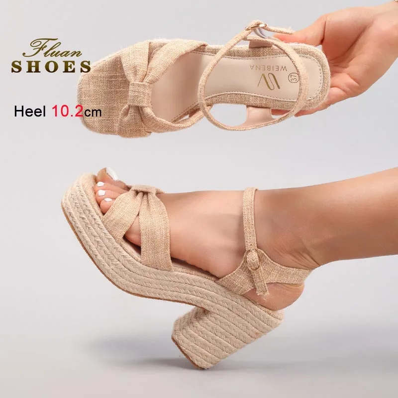 Sandalias de tacón de cuña con cuerda de cáñamo, Sandalias de tacón grueso de color albaricoque para mujer, zapatos de suela gruesa de tacón súper alto, sandalias informales versátiles