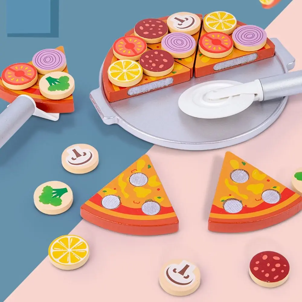Juguetes de madera Montessori Multicolor, casa de juegos de madera, juguetes de cocina, Pizza de dibujos animados, juguetes educativos para edades tempranas DIY para niños