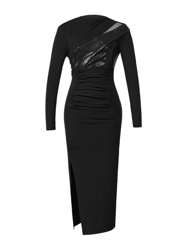 새로운 여성용 블랙 로브 스팽글 스플라이스 하이넥 바디콘 미디 펜슬 드레스 이브닝 파티 클럽 프롬 여성 의류 슬림 드레스