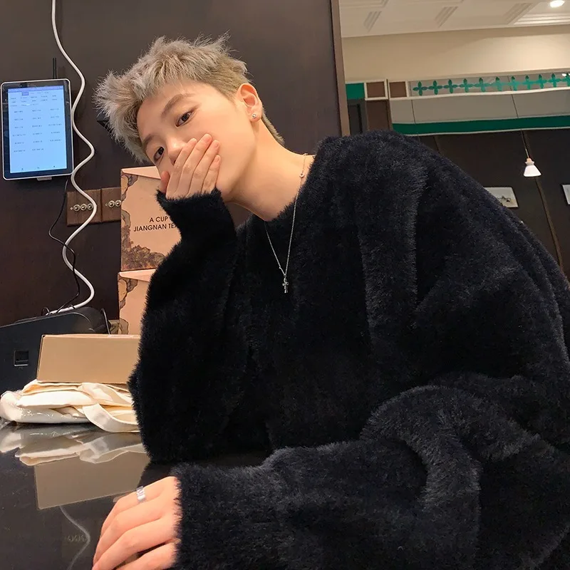 

Мужской вязаный свитер свободного кроя, большой размер, 250 Pou, повседневный, комфортный, мягкий, в японском ретро-стиле, премиум-класса, для зимы