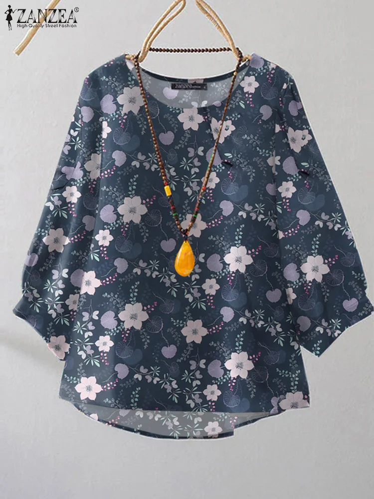 

ZANZEA 2025 Summer Vintage Shirts Women Plant Printed Blouse Fashion 3/4 Sleeve Tops Korean O-Neck Blusas Casual Loose Tunics