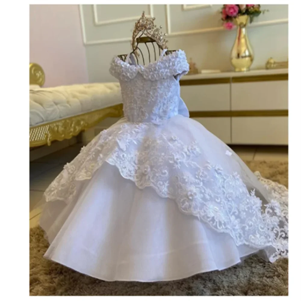 Off Shoulder Princess Dresses Lace Butterflies Flower Girl Dress First Birthday Party Gown Communion Gifts For Baby Girls