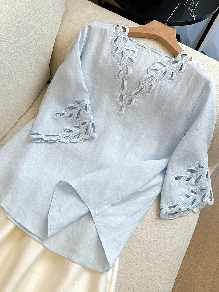 

Stunningly Beautiful Linen Shirt Embroidered Hollow out V-Neck Hollow Color Clear Design Women's Casual Fashion Top