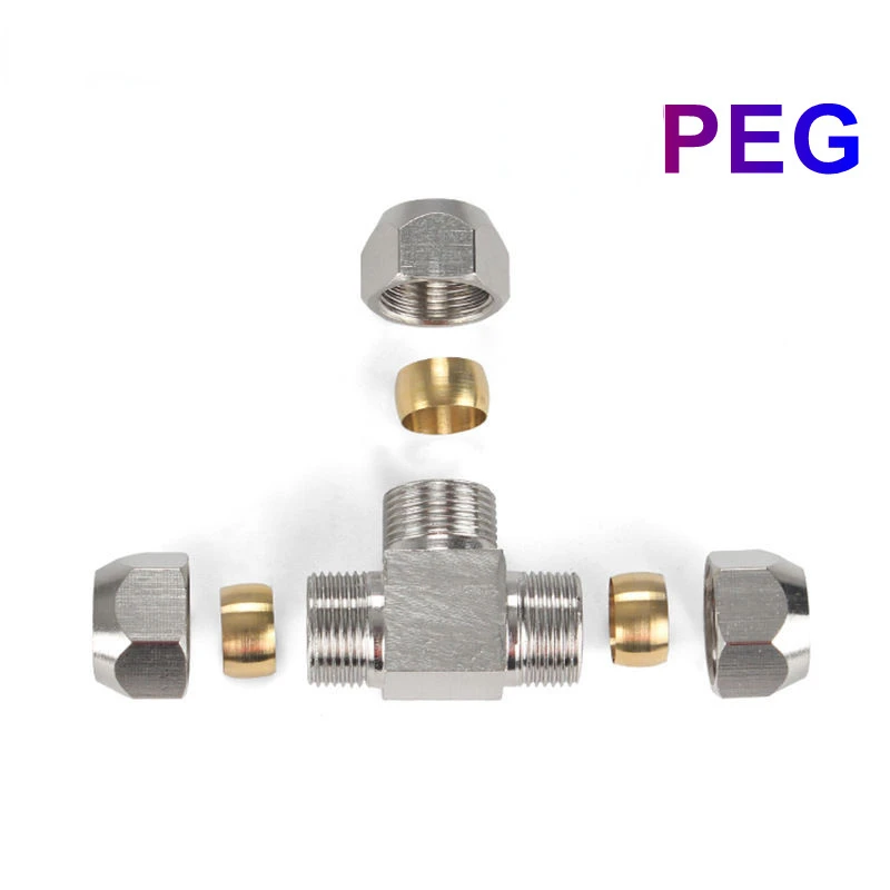 2pcs Pneumatic Fittings Brass T Type OD Tube Compression Tee Type Ferrule Joint Tube Compression Fitting Connector PE PEG