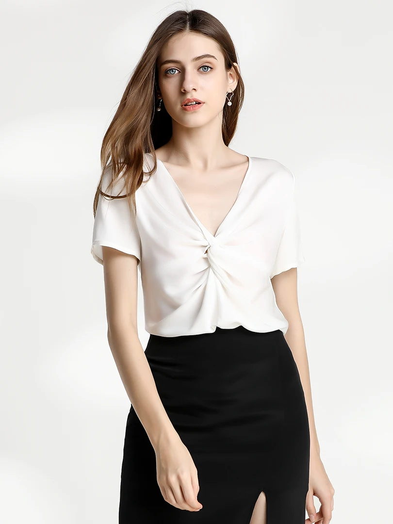 Plus size Summer Elegant Office Lady Commuter V-Neck ice silk Blouse White Vintage Short Sleeve Basic Satin Pullover Shirt 