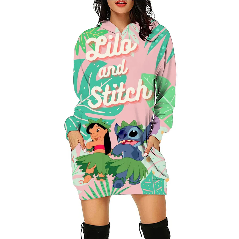 New Disney Stitch print Hoodie Dress Sweater Fashion Disney Dress Sweatshirt Dress 3d Allover Printing Women\'s Hoodie