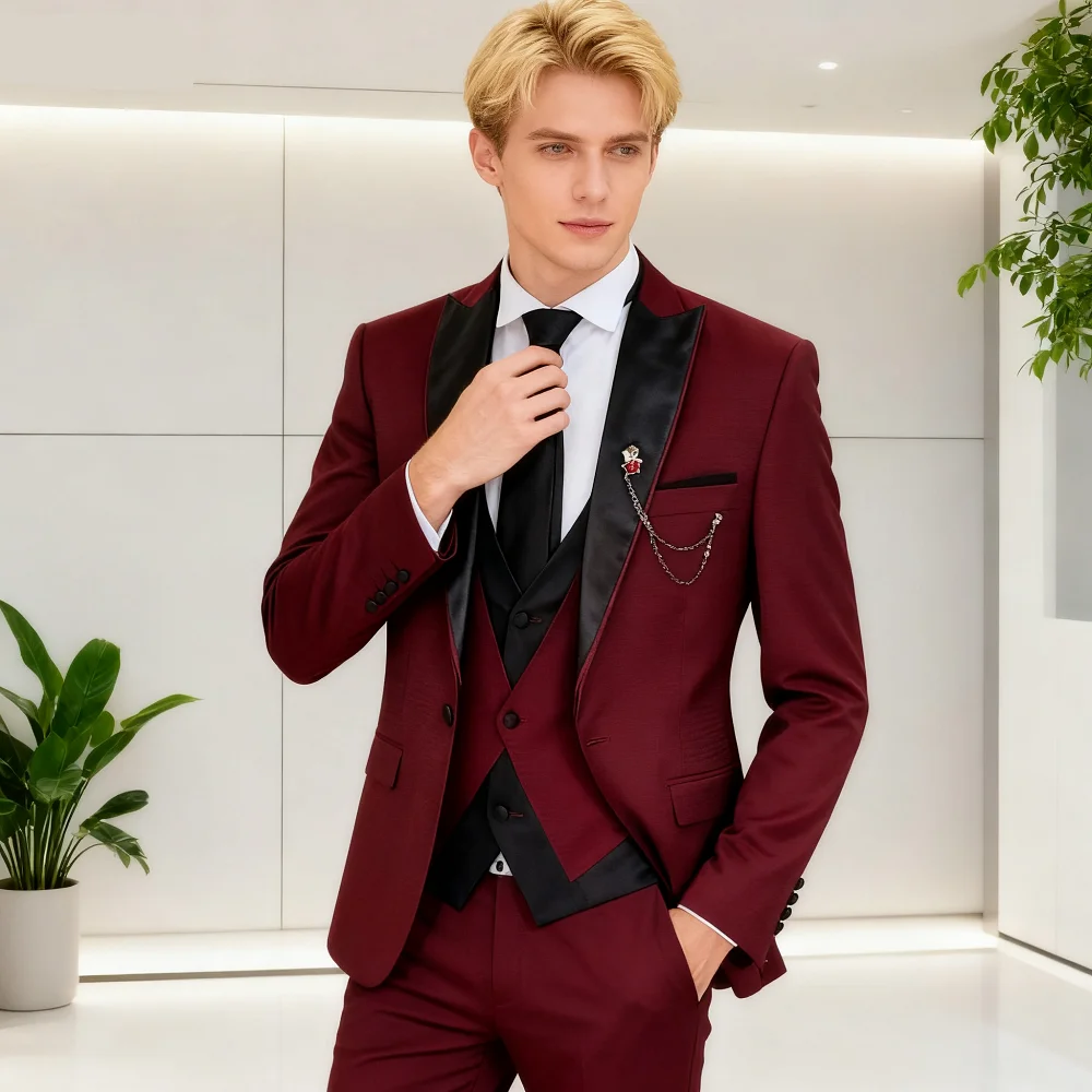 

Men's Solid Slim Fit 3-Piece Business Suit Set with Blazer Vest And Pants for Wedding Party Luxury Fashion Tuxedo
