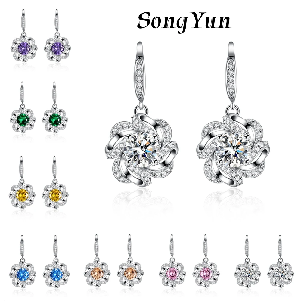 

SY Luxury Jewelry s925 925 Sterling Pure Silver Earrings Drop Fashon Flower CZ Gemstones Pendant Earrings Jewelry