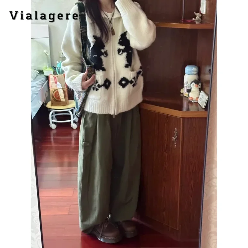 

2024 Spring Y2K Vintage Korean Casual Style Animal Pattern Long Sleeve Sweater Knitted Cardigan Chic Cozy Aesthetic Tops