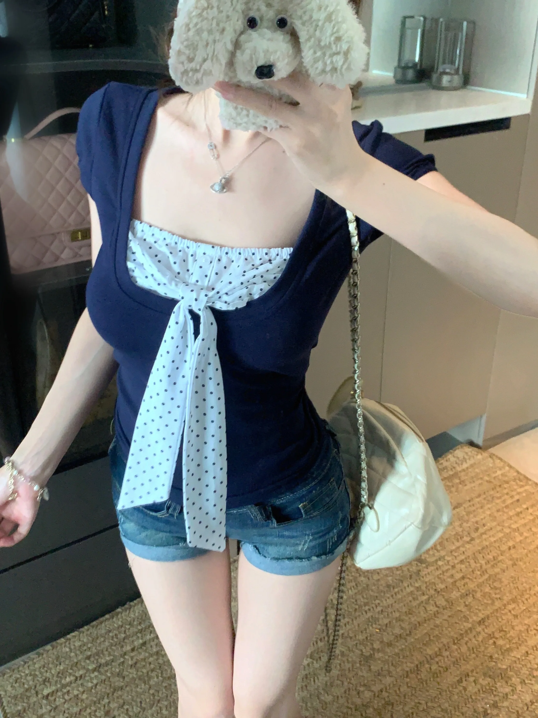 

plus Size Women's Summer T-Shirt Square Collar Short Sleeve Polka Dot Bow Knot Top Color Block Fake Two-Piece Slim Fit Korean...