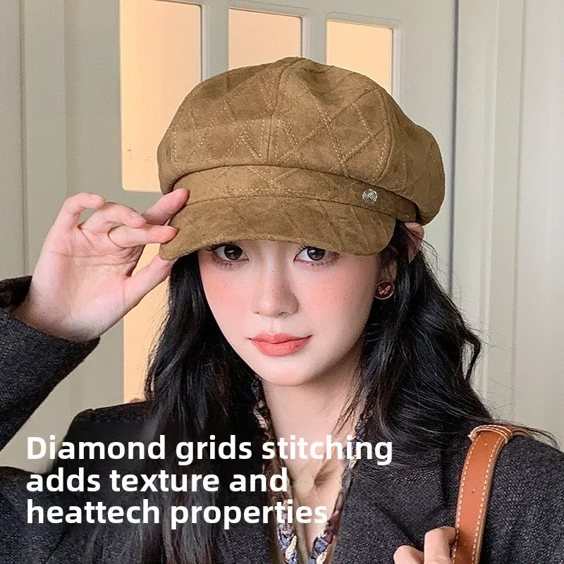 New Korean Old Money Style Solid Color Suede Plaid Octagonal Hat Girls Korean Version Foreign Style Age-reducing Newsboy Hat