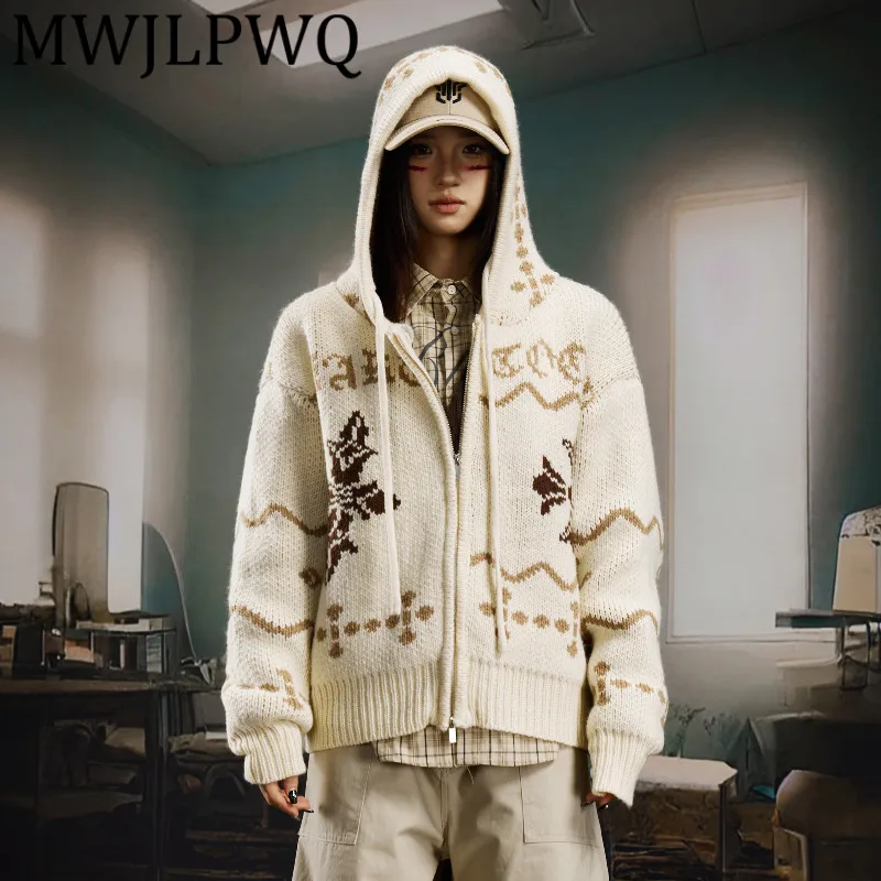 

MWJLPWQ унисекс американский повседневный кардиган с капюшоном на молнии, свитер для мужчин, уличный дизайн с принтом, вязаный свободный топ, зима 12236