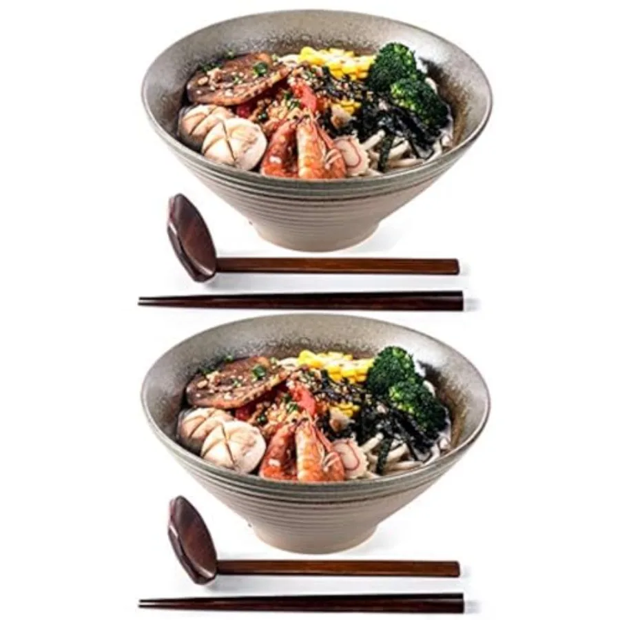 

Набор керамических чаш для рамена, 2 комплекта, 6 предметов, 60 унций, большие японские керамические чаши для рамена с ложками и палочками для еды