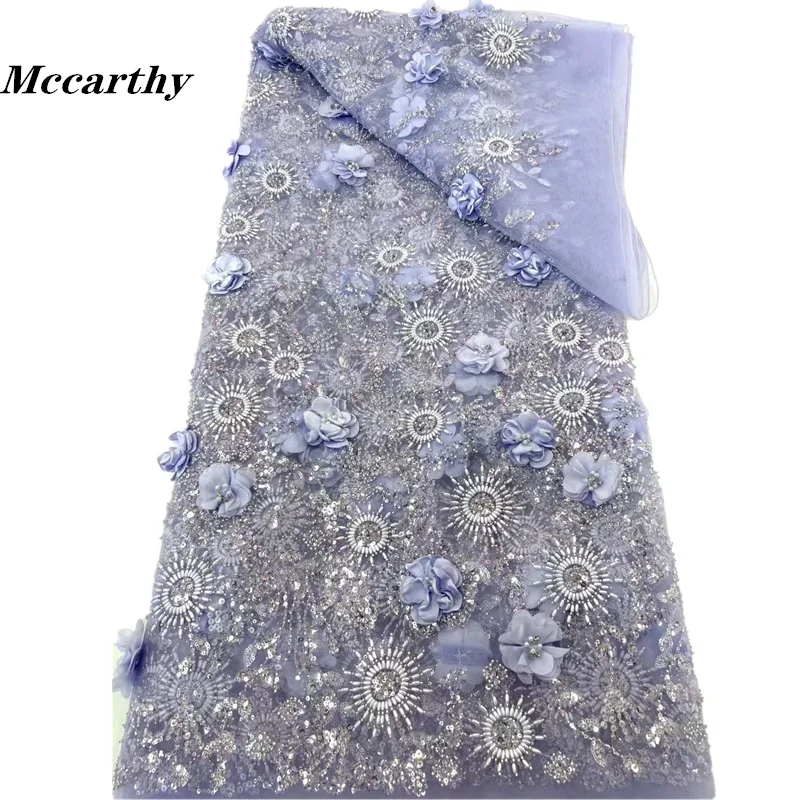 

Mccarthy Handmade French Tulle Lace Fabric 2024 High Quality 3D Flower Embroidery African Beads Lace Fabric for Wedding Dresses