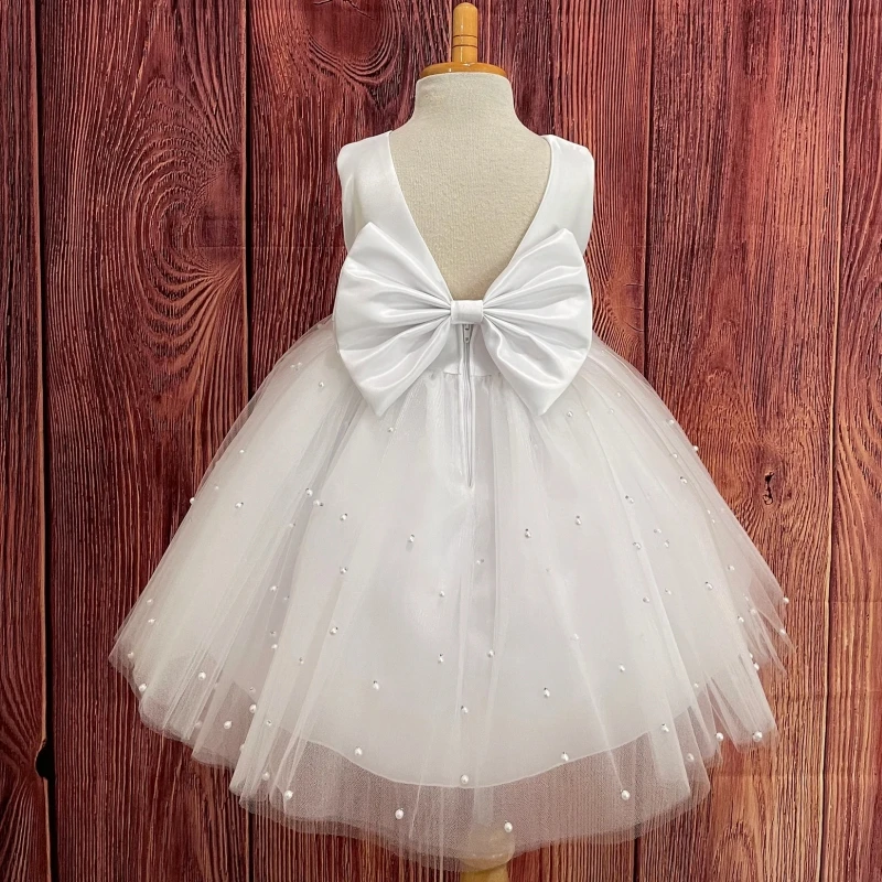 

Flower Girl Dresses for Weddings Tulle Puffy Pearls With Bow Evening Party Prom First Communion Pageant Princess Kids Ball Gowns