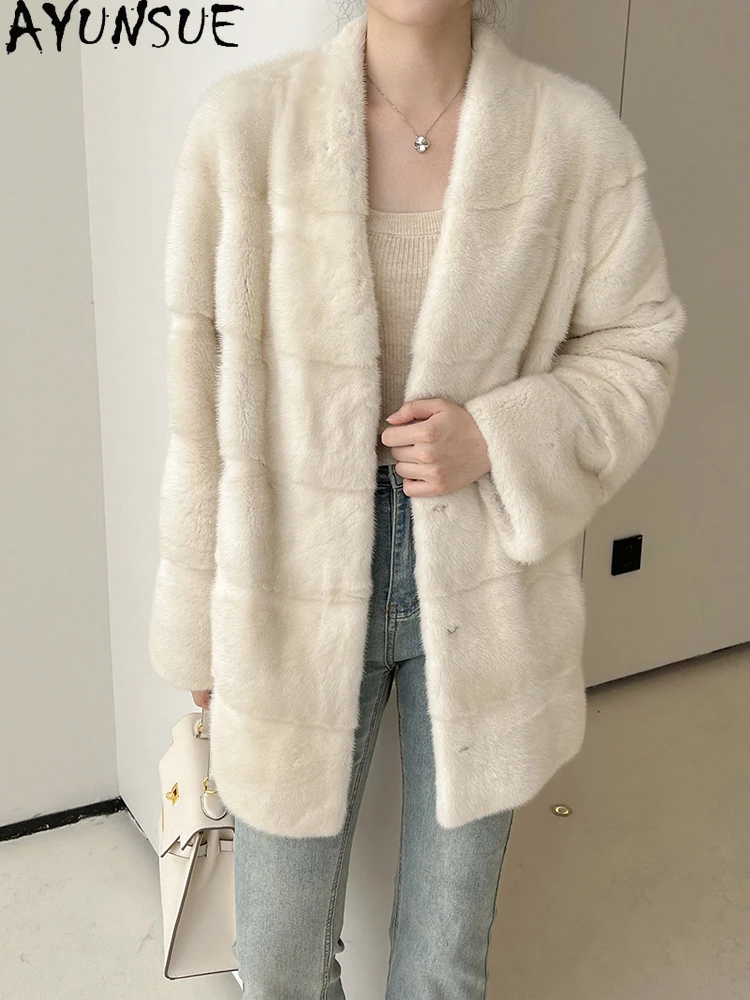 AYUNSUE Natural Velvet Mink Fur Jacket Woman V-Neck Luxury Whole Mink Coat for Woman Clothing 2025 High Quality Кофта С Мехом