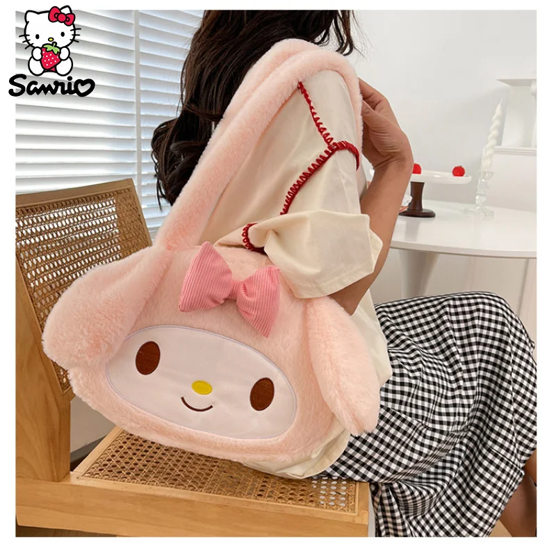 Kawaii Sanrio Plush Bag My Melody Shoulder Bag Kuromi Tote Makeup Storage Pouch Cinnamoroll Messenger Handbag Backpack Girl Gift