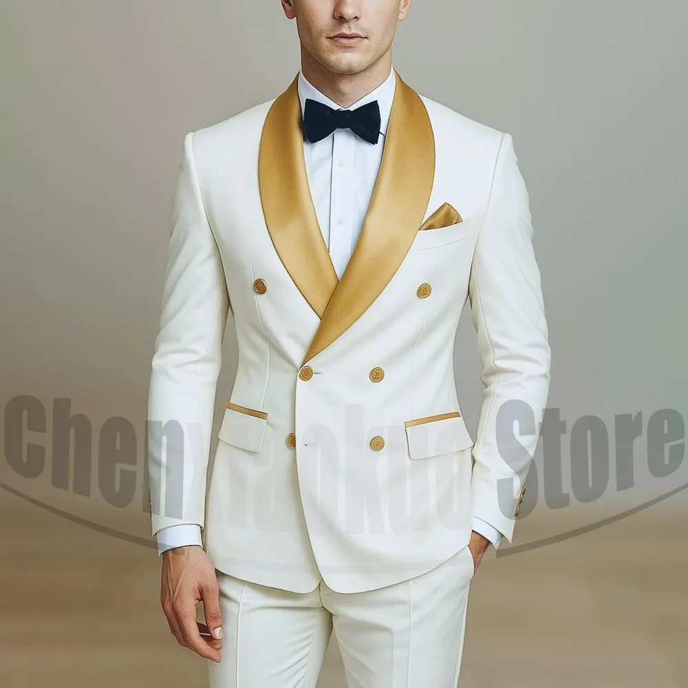 

Мужской белый двубортный костюм с золотой шалью и лацканами Элегантный деловой наряд для свадебной вечеринки Высококачественный мужской костюм из 2 предметов