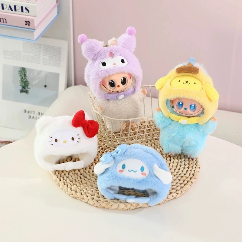 15 17cm Kapelusz Pluszowy Ubranka dla Lalki Labubu Hello Kitty Kuromi Melody Cinnamoroll Purin Pochacco, Kreskówkowy Kaptur, Strój