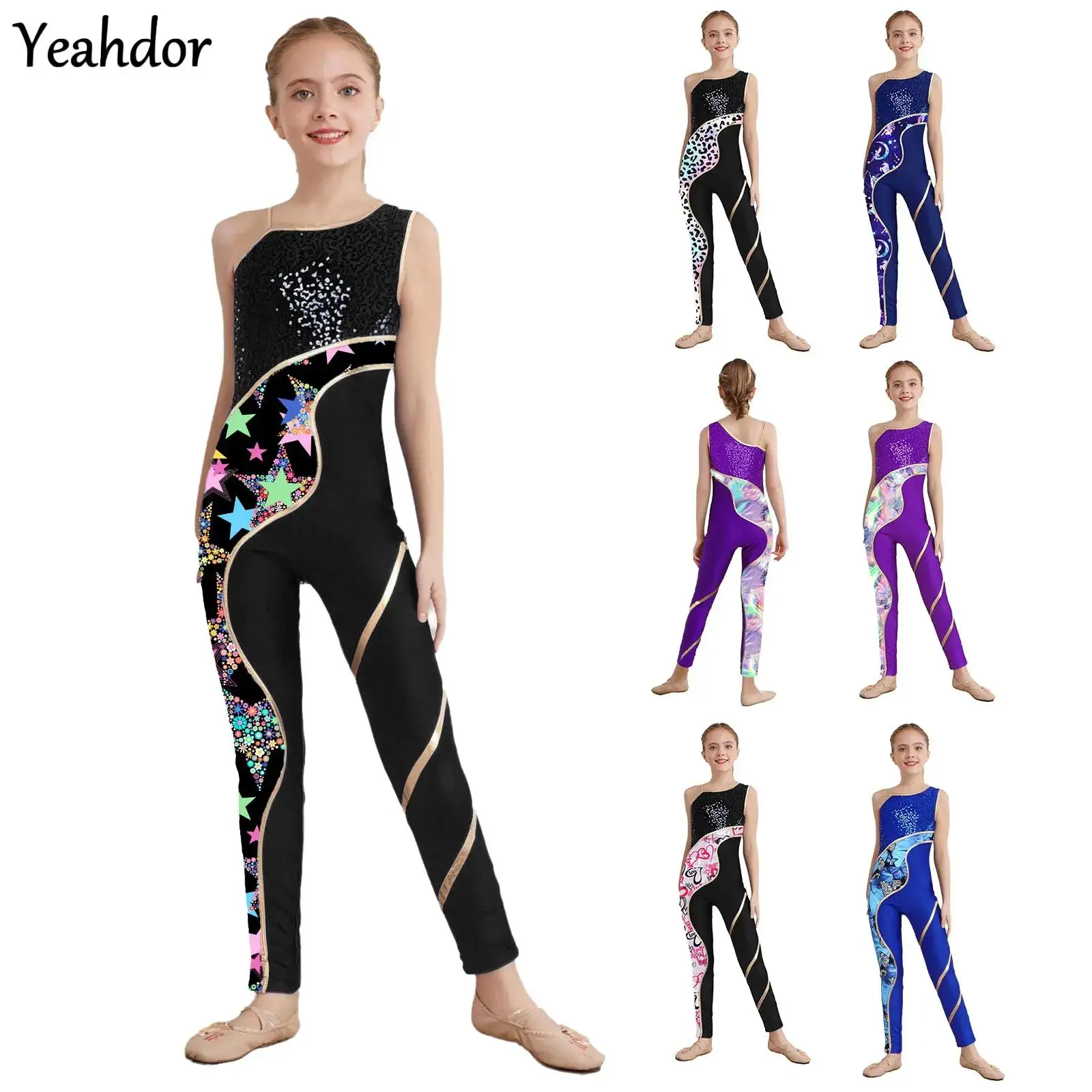 

Girls Sleeveless Gymnastic Jumpsuit Shiny Sequins Print Full Length Leotard Bodysuit Ballet Dance Unitard Skating Yoga Workouts