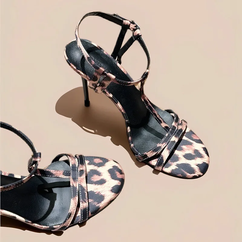 

Sexy leopard print high heels for women,slim heels,new style with exposed toes,straight strap sandals for women's summer outfits
