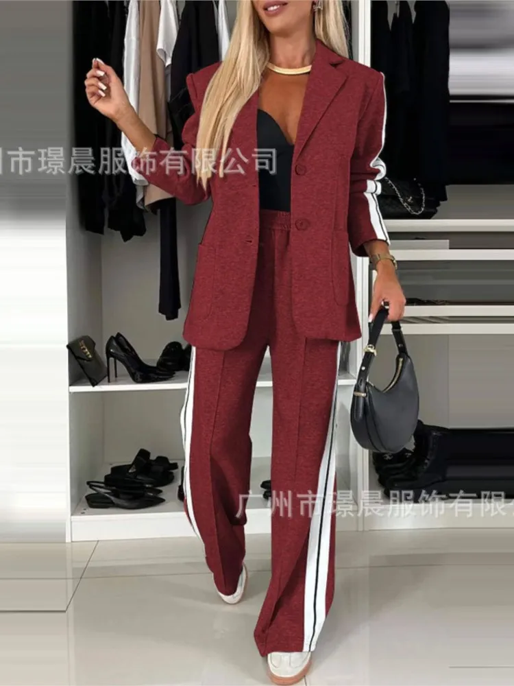 Autumn Winter 2 Piece Set Women Temperament Stripe Patchwork Lapel Long Sleeve Blazer Straight Trousers Two Piece Set Female New