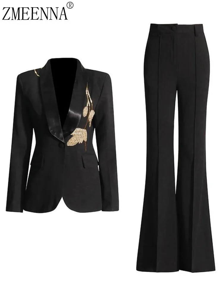 

ZMEENNA Women's Black Blazer With Gold Floral Embroidery Chic Formal Two Piece Set Stylish Coat And Flared Trousers ZM885