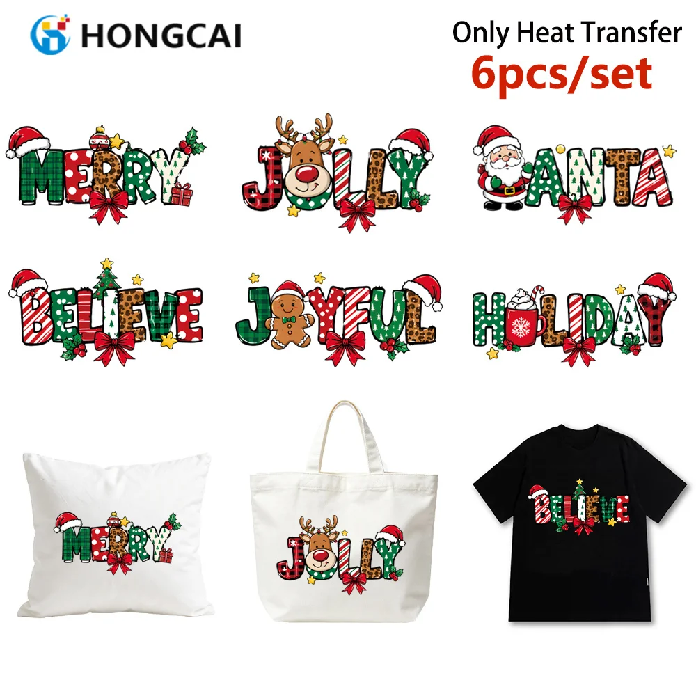 6Pcs Christmas Letter HTV Iron-on Patches, Ironable, Wash Resistant, DIY for T-shirts, Tote Bags & Pillowcases