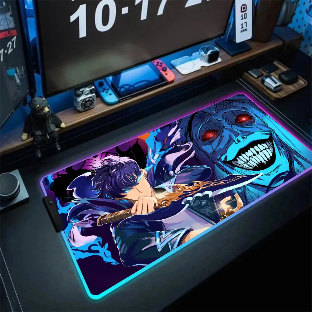 Anime Solo Leveling Mousepad XXL RGB Gaming Mouse Pads HD Black Gamer Accessories Large LED