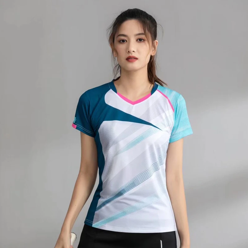 Table Tennis Badminton T-shirts for Women Quick Dry Print Short Sleeve Sports Ping Pong League Tennis Uniform Tops