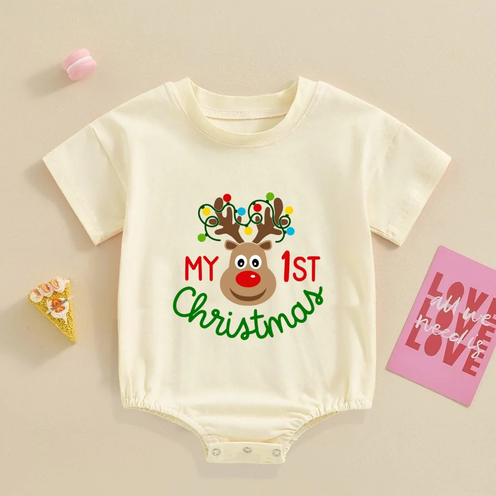 My 1st Christmas printed baby Bubble pagliaccetto neonato manica corta body neonato grande battesimo Outfit toddler Xmas party Clothes