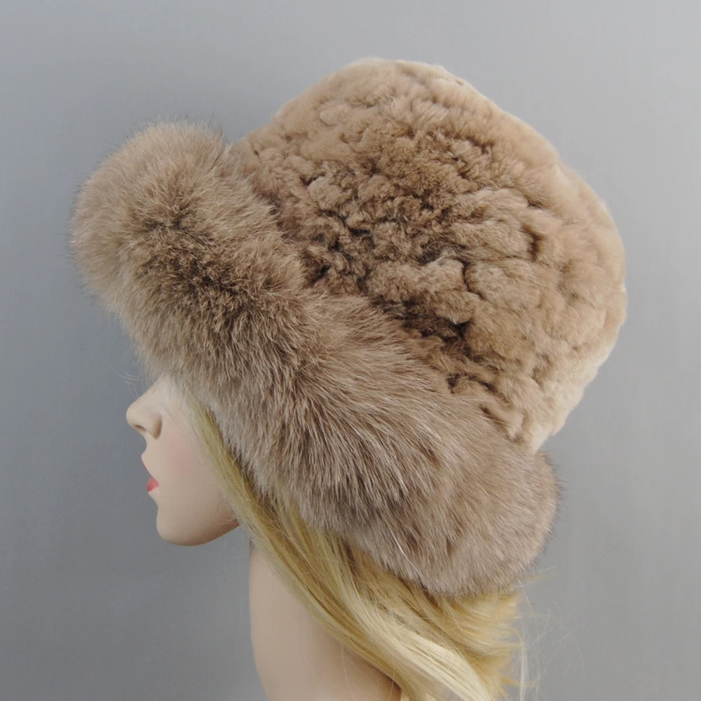 Women Winter Hat Luxury Real Rex Rabbit Fur Bomber Hats Lady Winter Genuine Fox Fur Cap Beanies Warm Soft Fluffy Natural Fur Hat