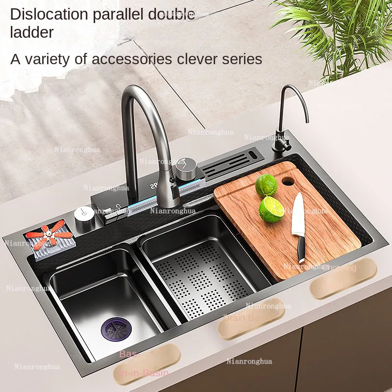 多機能家庭用洗面台,ハニカムフライ,レインカスケード,シングルシンク,304ステンレス鋼,デジタルディスプレイ,ハンドエンボス加工