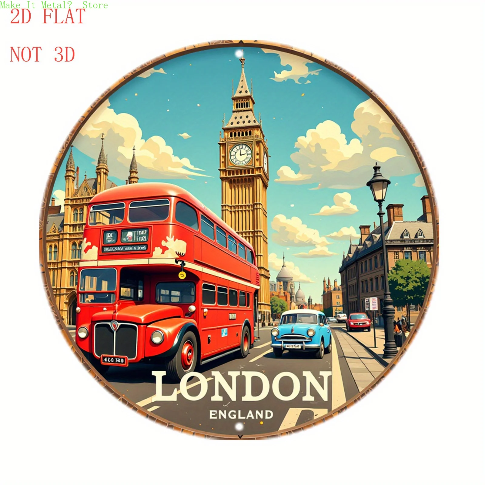 Letrero Metálico Redondo con Diseño de Autobús de Dos Pisos Rojo de Londres, Inglaterra y Big Ben, Decoración Retro de Viaje para el Hogar, Bar y Entusiastas de Londres
