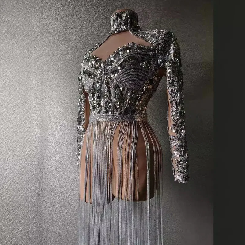 لامعة الماس شرابة الاجتماع السنوي المضيف بار ملهى ليلي أداء الملابس مثير فستان بكم طويل Vestidos De Boda Para Fiestas