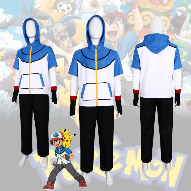 Мужчины Женщины Эш Кетчум Толстовка Рубашка Брюки Шляпа Комплекты, Синяя Куртка, Кепка и Перчатки, Для Хэллоуина Косплей