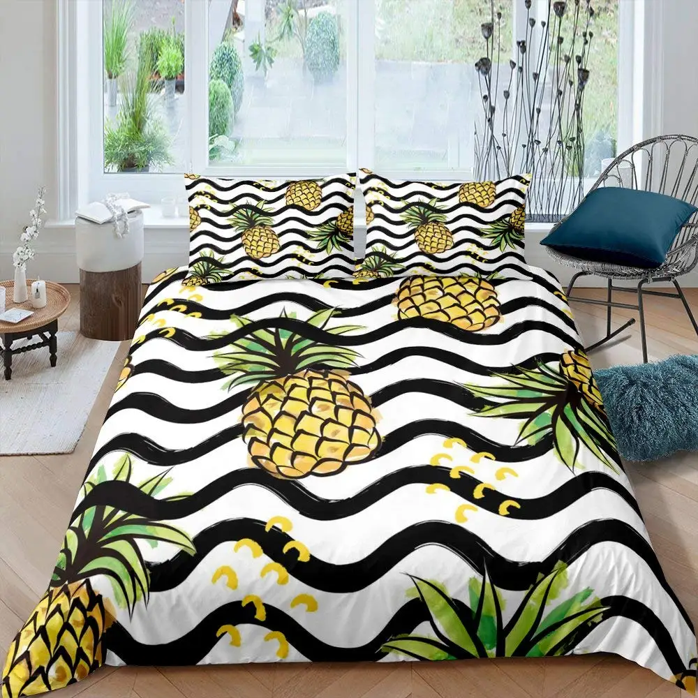 Funny Pattern Pineapple Bedding Set Decor Quilted 3 Piece Cover Set with 2 Pillow Shams, Twin Full Queen King Size Room Decor