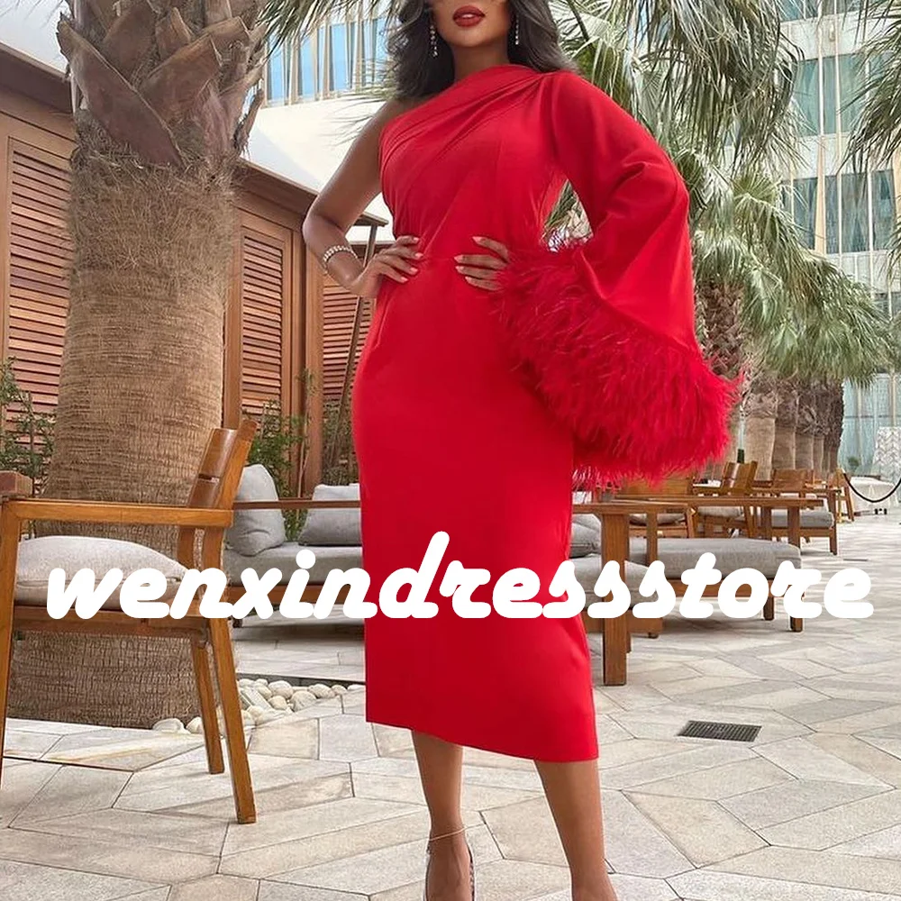 Customized Elegant Feathers Jersey Red One Shoulder Evening Dress Temperament Straight Long Sleeves Tea Length Celebrity Gowns