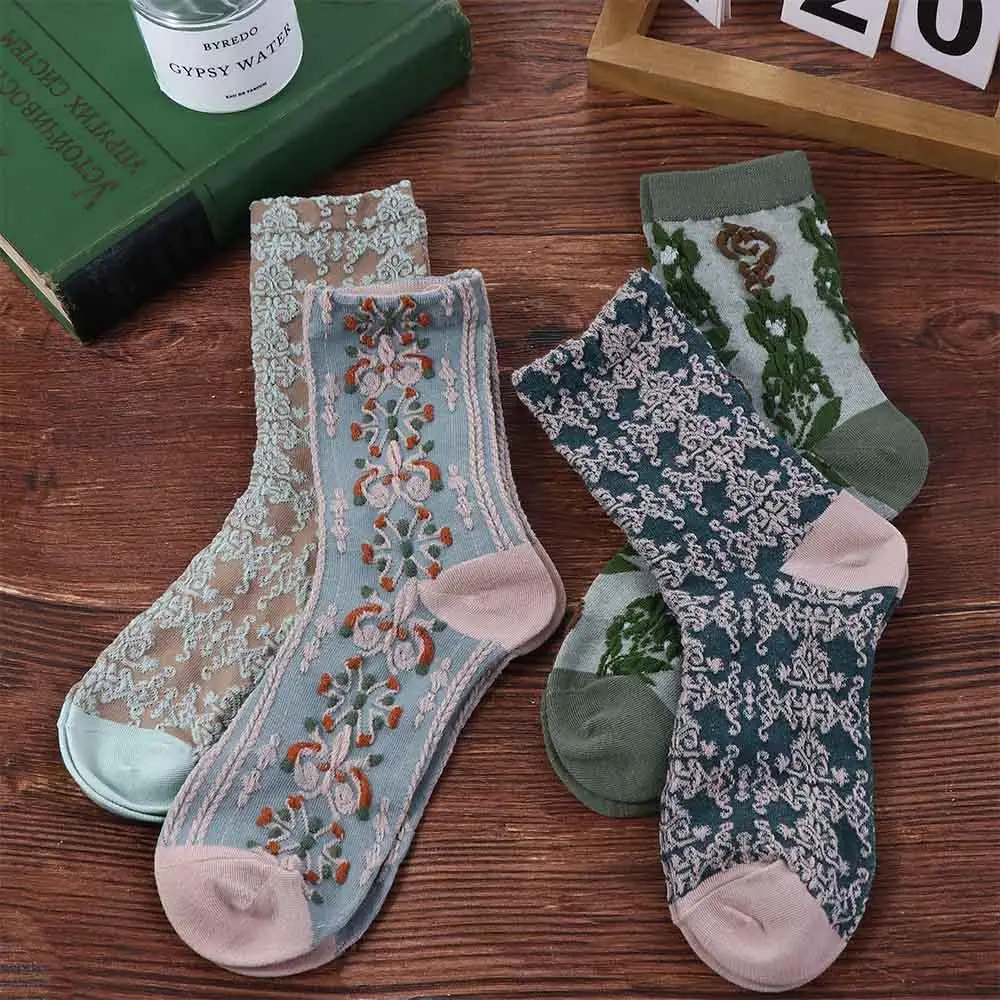 Flower Retro Lolita Socks Embroidery Harajuku Girls Jacquard Socks College Style Hosiery Korean Style Socks Middle Tube Hosiery