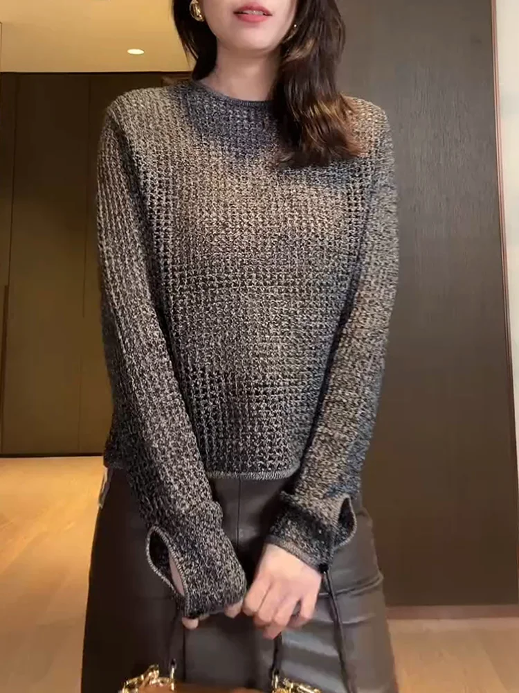 

Retro ey round Ne Knitted Sweater Top 2025 Autumn New Sle Simple Elegance plus Size Versatile Women's Faion