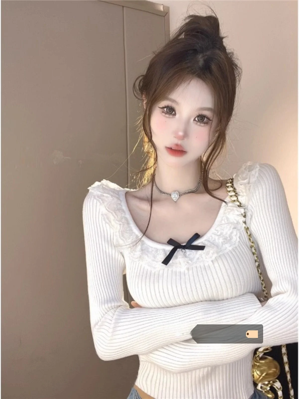 

Ранневесенний уникальный вязаный топ с кружевными узлами и эффектом утяжки для женщин, базовый слой, премиум-класс, французский стиль