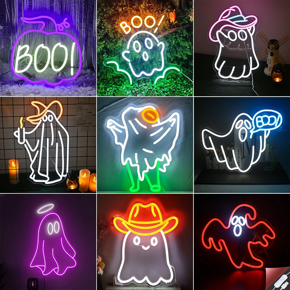 Ghost Neon Sign Cute Halloween Decoration Dimmable USB Powered Led Light Sign For Halloween Party Home Living Room Wall Neon